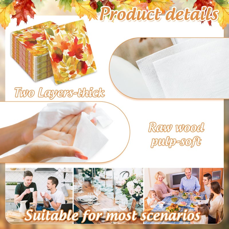 JarThenaAMCS 100 Pcs Fall Leaves Paper Napkins Autumn Maple Leaf Disposable Napkins Watercolor Luncheon Dinner Napkin for Thanksgiving Wedding Birthday Party Table Supplies - Image 3